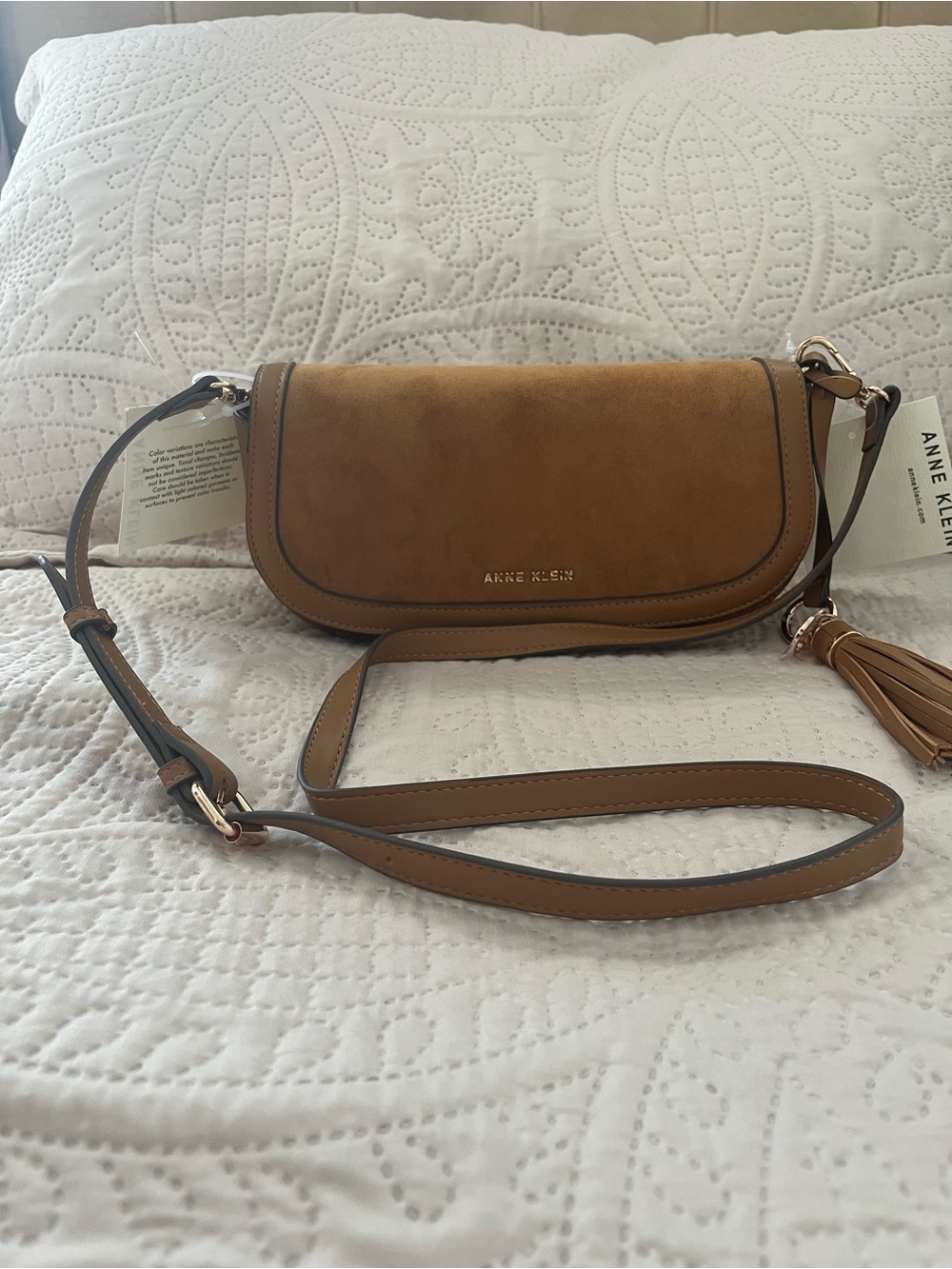 Anne Klein Camel Suede Crossbody Bag with Tassel